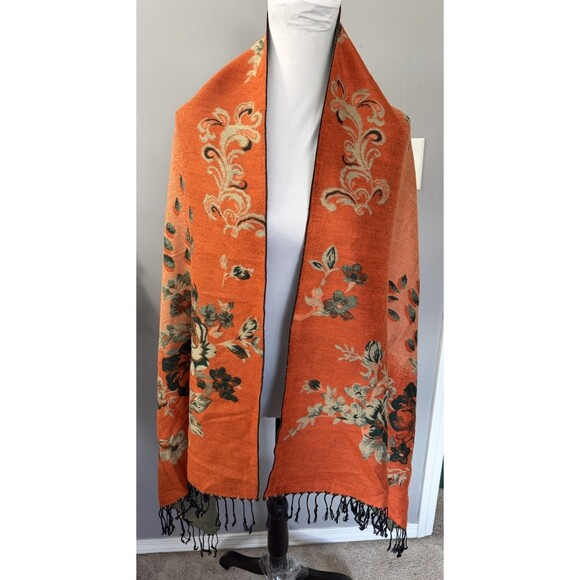 Pashmina 100% Cashmere Scarf Shawl Wrap Green Floral Reversible Black Fringe NWT - Picture 5 of 8